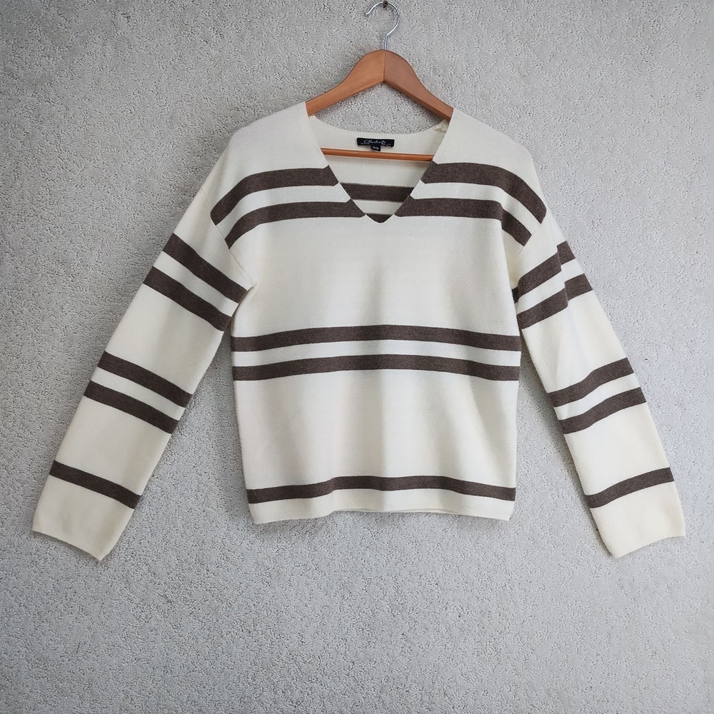 Charlie Sweater Womens M V Neck Striped Cream Brown Lightweight Knit Long Sleeve